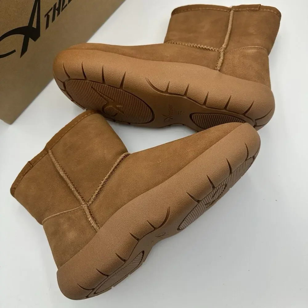 Athlefit Snow Boots Slip On Womens‎ Suede Faux Wool Fur Lining Chestnut